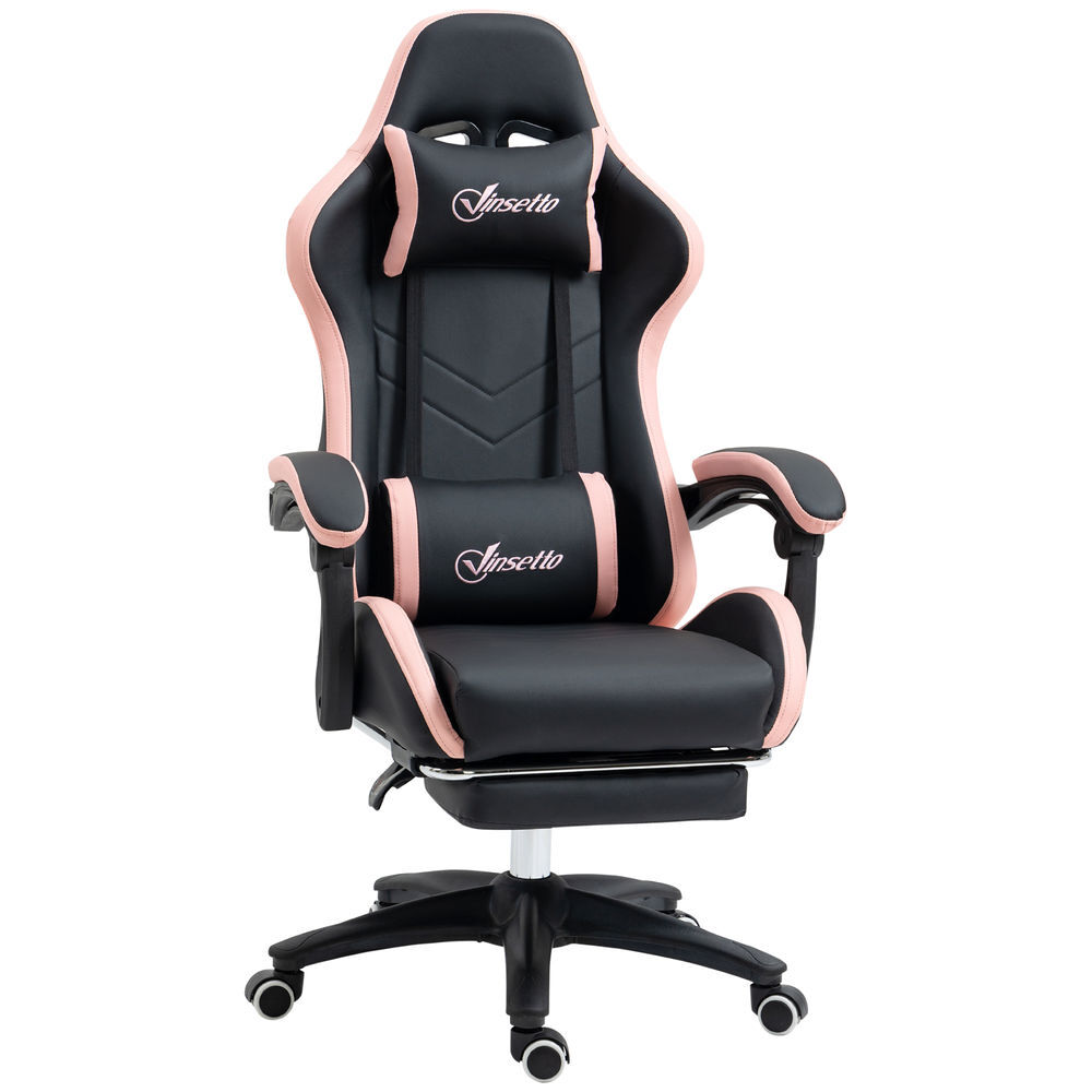 Vinsetto silla gaming ergonómica, silla gamer de cuero pu con reclinable 135°, soporte lumbar, altura ajustable, reposacabezas y reposapiés retráctil, para oficina, estudio, negro y rosa