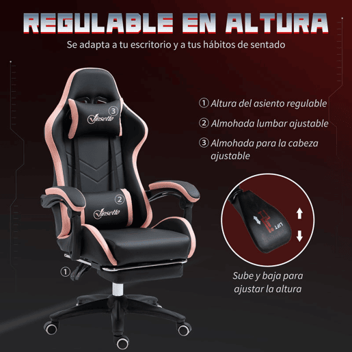 Vinsetto Cadeira Gaming Cadeira Gamer Racing de Couro PU com Altura Ajustável Reclinável 135° Apoio para a Cabeça e Apoio para os Pés Retrátil para Escritório Estúdio 65x65x121-129 cm Preto e Rosa
