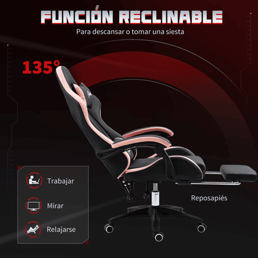 Vinsetto Cadeira Gaming Cadeira Gamer Racing de Couro PU com Altura Ajustável Reclinável 135° Apoio para a Cabeça e Apoio para os Pés Retrátil para Escritório Estúdio 65x65x121-129 cm Preto e Rosa