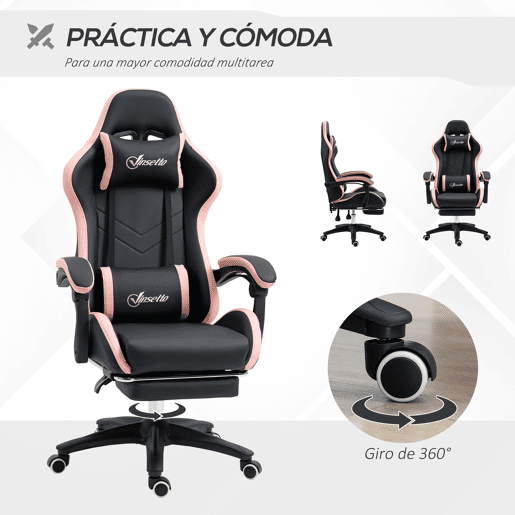 Vinsetto Cadeira Gaming Cadeira Gamer Racing de Couro PU com Altura Ajustável Reclinável 135° Apoio para a Cabeça e Apoio para os Pés Retrátil para Escritório Estúdio 65x65x121-129 cm Preto e Rosa