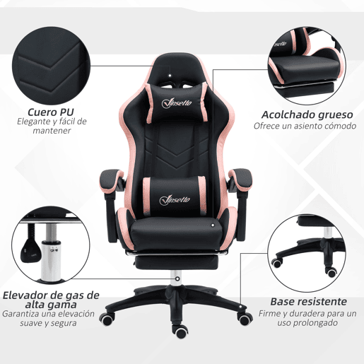 Vinsetto Cadeira Gaming Cadeira Gamer Racing de Couro PU com Altura Ajustável Reclinável 135° Apoio para a Cabeça e Apoio para os Pés Retrátil para Escritório Estúdio 65x65x121-129 cm Preto e Rosa