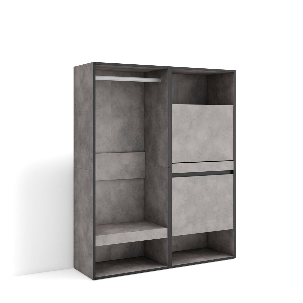 Vestidor abierto, ropa, zapatos, complementos, 120x35x145cm, dormitorio, habitación, zapatero, estilo moderno, cemento