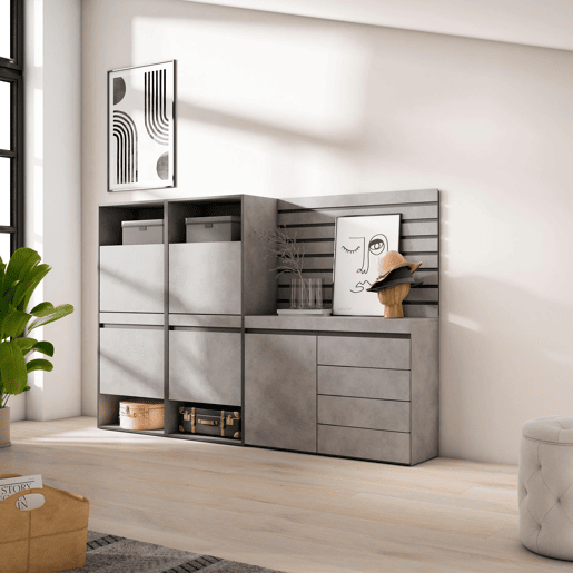 Sapateira, Organização Armazenamento, 227x35x145cm, Para quarto, dormitório, Cómoda, Tiras Deco. Madeira, Estilo moderno, Cimento Sapateira, Organização Armazenamento, 227x35x145cm, Para quarto, dormitório, Cómoda, Tiras Deco. Madeira, Estilo moderno, Cimento