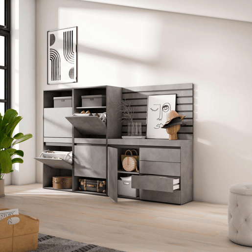 Sapateira, Organização Armazenamento, 227x35x145cm, Para quarto, dormitório, Cómoda, Tiras Deco. Madeira, Estilo moderno, Cimento Sapateira, Organização Armazenamento, 227x35x145cm, Para quarto, dormitório, Cómoda, Tiras Deco. Madeira, Estilo moderno, Cimento