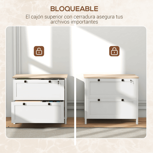 HOMCOM Armário de Escritório Móvel Arquivador com 2 Gavetas 2 Barras Suspensas Fechadura e 2 Chaves para Tamanho A4 para Estúdio Sala de Estar 79x40x72 cm Branco e Madeira