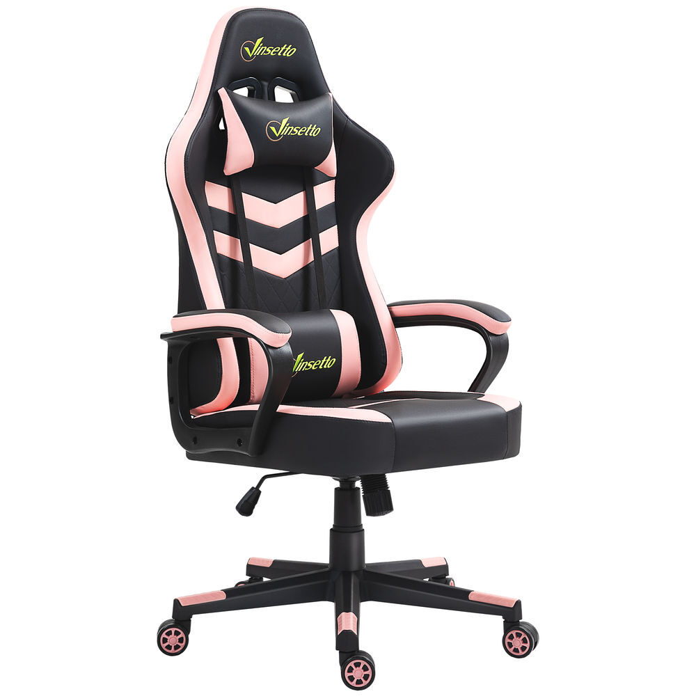 Vinsetto silla gaming silla gamer basculante con altura ajustable giratoria reposacabezas y lumbar desmontable silla de oficina estudio rosa
