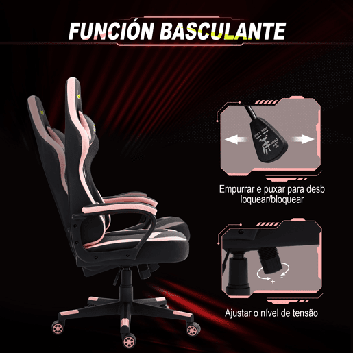 Vinsetto Cadeira Gaming Cadeira de Escritório Ergonómica com Altura Regulável Basculante com Apoio de Cabeça e Almofada Lombar 61x70x121-129 cm Rosa e Preto
