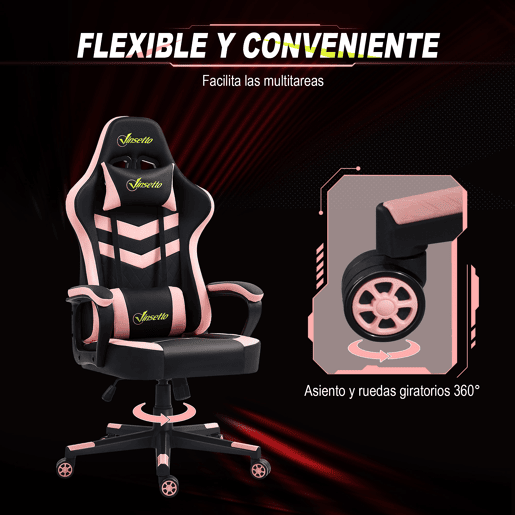 Vinsetto Cadeira Gaming Cadeira de Escritório Ergonómica com Altura Regulável Basculante com Apoio de Cabeça e Almofada Lombar 61x70x121-129 cm Rosa e Preto