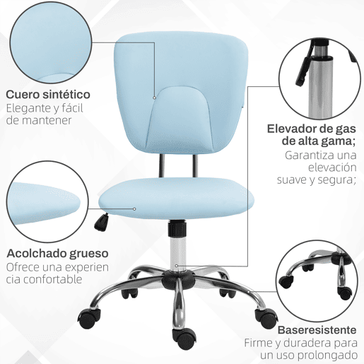 Vinsetto Cadeira de Escritório Cadeira de Escritório Giratória de Couro PU com Altura Ajustável e Função Basculante para Estúdio Dormitório Carga Máxima 120 kg 50x54x87,5-96,5 cm Azul Claro