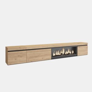 Móvel de TV, Muito espaço de arrumação, 288x35x45cm, TV de grande formato, Lareira eléctrica XXL, Suspensos, Estilo moderno, Carvalho
