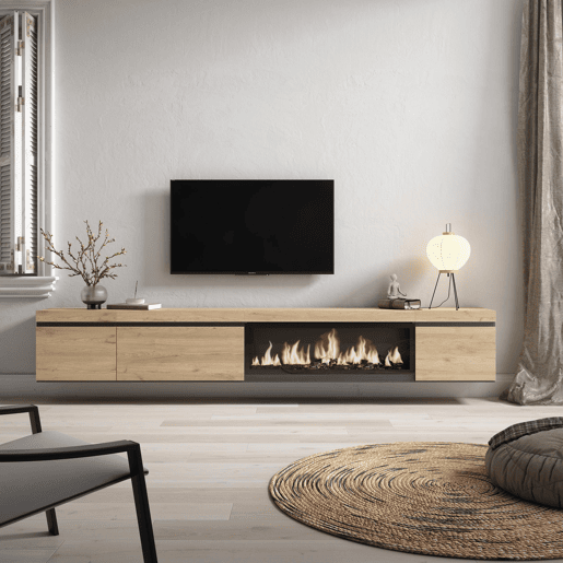 Móvel de TV, Muito espaço de arrumação, 288x35x45cm, TV de grande formato, Lareira eléctrica XXL, Suspensos, Estilo moderno, Carvalho Móvel de TV, Muito espaço de arrumação, 288x35x45cm, TV de grande formato, Lareira eléctrica XXL, Suspensos, Estilo moderno, Carvalho