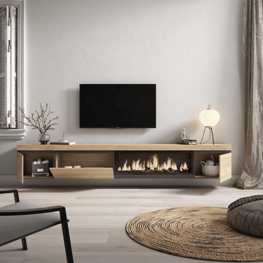 Móvel de TV, Muito espaço de arrumação, 288x35x45cm, TV de grande formato, Lareira eléctrica XXL, Suspensos, Estilo moderno, Carvalho Móvel de TV, Muito espaço de arrumação, 288x35x45cm, TV de grande formato, Lareira eléctrica XXL, Suspensos, Estilo moderno, Carvalho