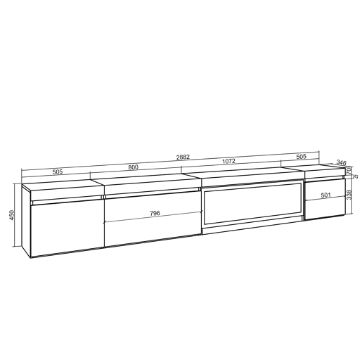 Móvel de TV, Muito espaço de arrumação, 288x35x45cm, TV de grande formato, Lareira eléctrica XXL, Suspensos, Estilo moderno, Carvalho Móvel de TV, Muito espaço de arrumação, 288x35x45cm, TV de grande formato, Lareira eléctrica XXL, Suspensos, Estilo moderno, Carvalho