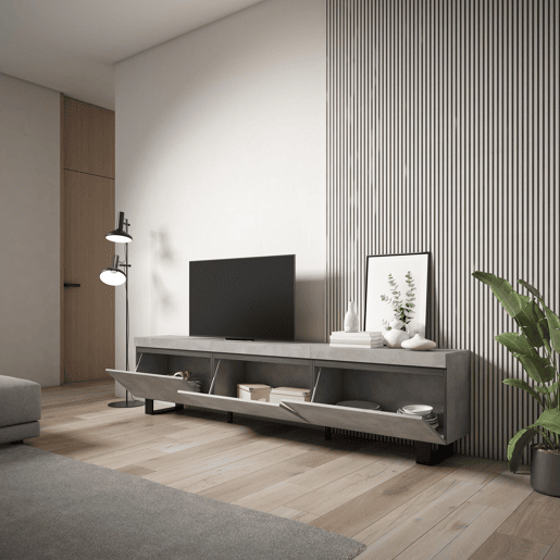Móvel de TV, Muito espaço de arrumação, 240x35x57cm, Design industrial, Estilo moderno, Cimento Móvel de TV, Muito espaço de arrumação, 240x35x57cm, Design industrial, Estilo moderno, Cimento