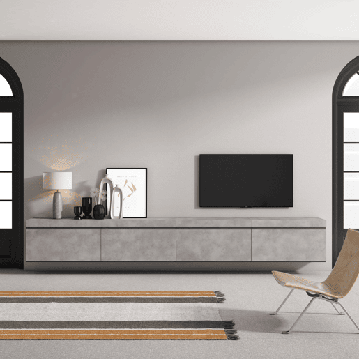 Móvel de TV, Muito espaço de arrumação, 320x35x45cm, TV de grande formato, Suspensos, Estilo moderno, Cimento