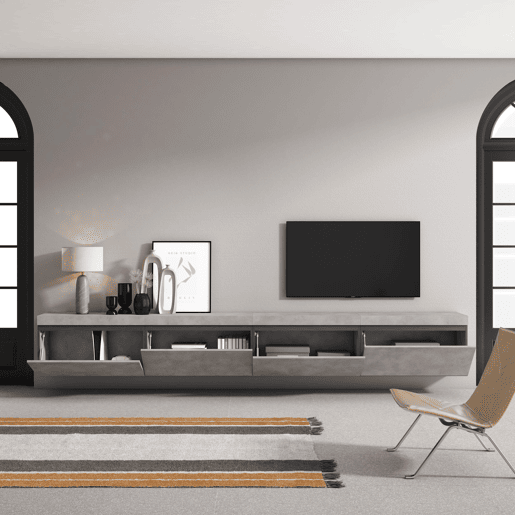 Móvel de TV, Muito espaço de arrumação, 320x35x45cm, TV de grande formato, Suspensos, Estilo moderno, Cimento