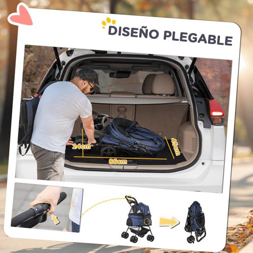 PawHut Carrinho para Cães Dobrável Carrinho para Cães Pequenos com Rodas Universáis Cesta de Armazenamento Correias de Segurança e Janelas 67x45x96 cm Azul Escuro