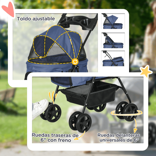PawHut Carrinho para Cães Dobrável Carrinho para Cães Pequenos com Rodas Universáis Cesta de Armazenamento Correias de Segurança e Janelas 67x45x96 cm Azul Escuro