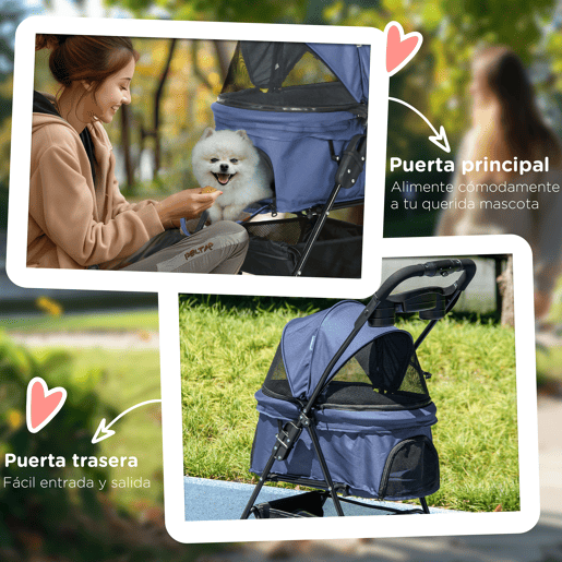 PawHut Carrinho para Cães Dobrável Carrinho para Cães Pequenos com Rodas Universáis Cesta de Armazenamento Correias de Segurança e Janelas 67x45x96 cm Azul Escuro