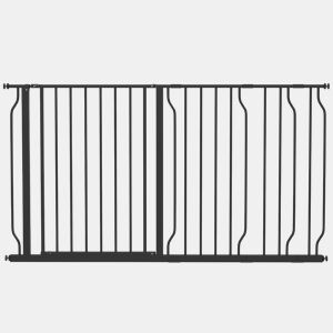 PawHut Barreira de Segurança para Cães Extensível com 3 Extensões Montagem a Pressão Duplo Bloqueio para Porta Corredor Escada 75-145x76 cm Preto