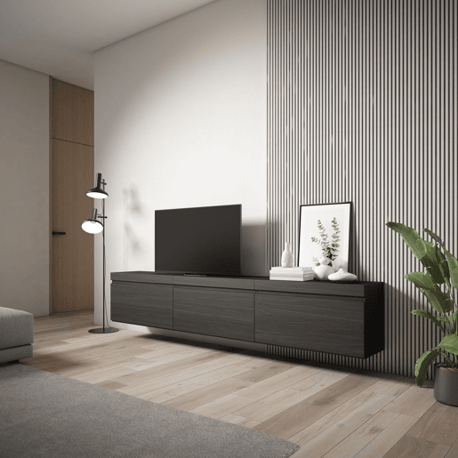 Móvel de TV, Muito espaço de arrumação, 240x35x45cm, Suspensos, Estilo moderno, Preto