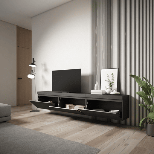 Móvel de TV, Muito espaço de arrumação, 240x35x45cm, Suspensos, Estilo moderno, Preto