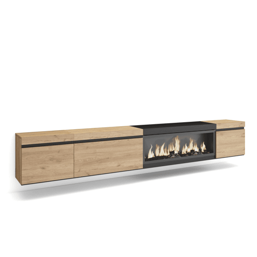 Móvel de TV, Muito espaço de arrumação, 288x35x45cm, TV de grande formato, Lareira eléctrica XXL, Suspensos, Estilo moderno, Carvalho e preto
