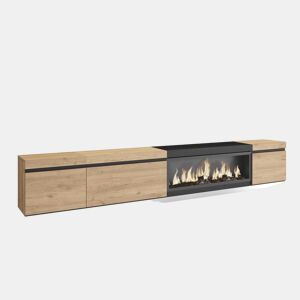 Móvel de TV, Muito espaço de arrumação, 288x35x45cm, TV de grande formato, Lareira eléctrica XXL, Suspensos, Estilo moderno, Carvalho e preto