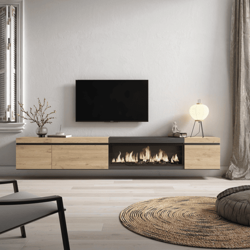 Móvel de TV, Muito espaço de arrumação, 288x35x45cm, TV de grande formato, Lareira eléctrica XXL, Suspensos, Estilo moderno, Carvalho e preto