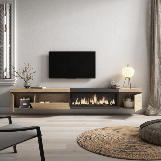 Móvel de TV, Muito espaço de arrumação, 288x35x45cm, TV de grande formato, Lareira eléctrica XXL, Suspensos, Estilo moderno, Carvalho e preto