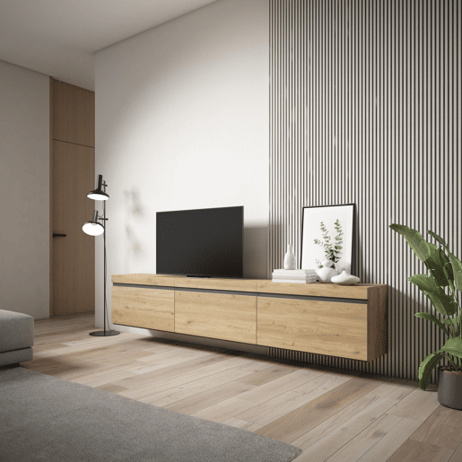 Móvel de TV, Muito espaço de arrumação, 240x35x45cm, Suspensos, Estilo moderno, Carvalho Móvel de TV, Muito espaço de arrumação, 240x35x45cm, Suspensos, Estilo moderno, Carvalho