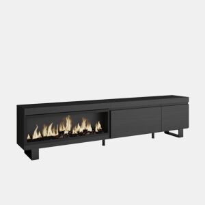 Móvel de TV, Muito espaço de arrumação, 237x35x57cm, TV de grande formato, Lareira eléctrica XXL, Design industrial, Estilo moderno, Preto