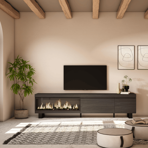 Móvel de TV, Muito espaço de arrumação, 237x35x57cm, TV de grande formato, Lareira eléctrica XXL, Design industrial, Estilo moderno, Preto