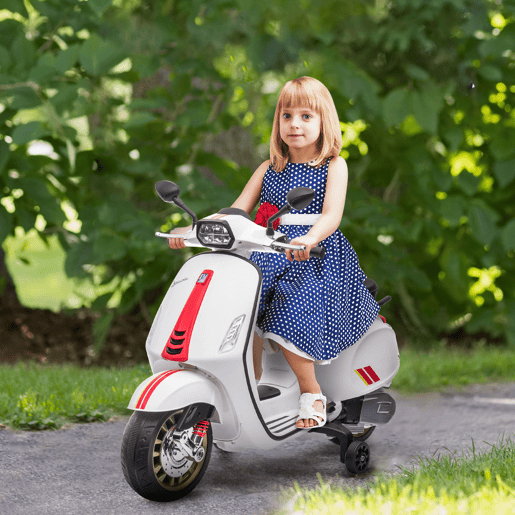 AIYAPLAY Moto Elétrica para Crianças de 3-6 Anos com Licença Vespa Motocicleta de Bateria 6V com USB MP3 Luz LED Rádio FM Moto para Crianças com Velocidade 3 kmh Carga 35 kg Branco