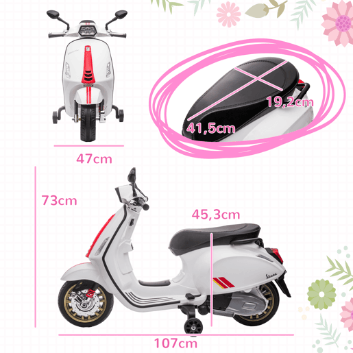 AIYAPLAY Moto Elétrica para Crianças de 3-6 Anos com Licença Vespa Motocicleta de Bateria 6V com USB MP3 Luz LED Rádio FM Moto para Crianças com Velocidade 3 kmh Carga 35 kg Branco