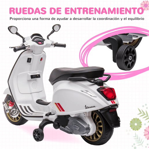 AIYAPLAY Moto Elétrica para Crianças de 3-6 Anos com Licença Vespa Motocicleta de Bateria 6V com USB MP3 Luz LED Rádio FM Moto para Crianças com Velocidade 3 kmh Carga 35 kg Branco