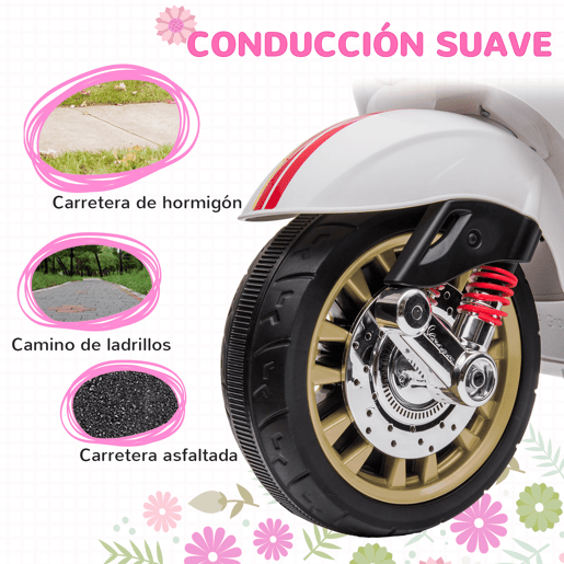 AIYAPLAY Moto Elétrica para Crianças de 3-6 Anos com Licença Vespa Motocicleta de Bateria 6V com USB MP3 Luz LED Rádio FM Moto para Crianças com Velocidade 3 kmh Carga 35 kg Branco