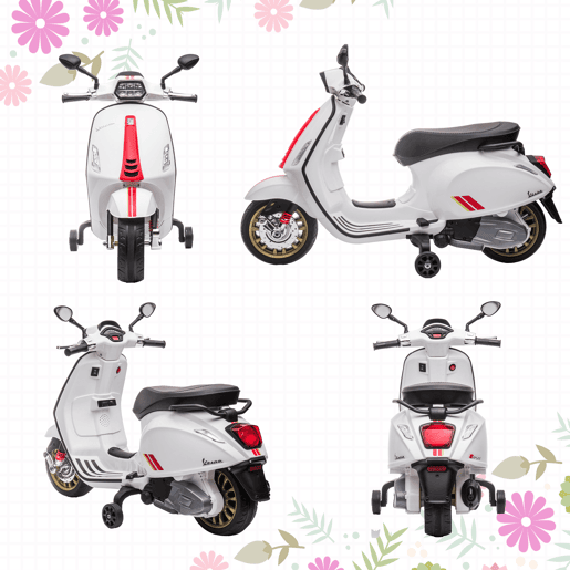 AIYAPLAY Moto Elétrica para Crianças de 3-6 Anos com Licença Vespa Motocicleta de Bateria 6V com USB MP3 Luz LED Rádio FM Moto para Crianças com Velocidade 3 kmh Carga 35 kg Branco