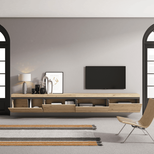 Móvel de TV, Muito espaço de arrumação, 320x35x45cm, TV de grande formato, Suspensos, Estilo moderno, Carvalho