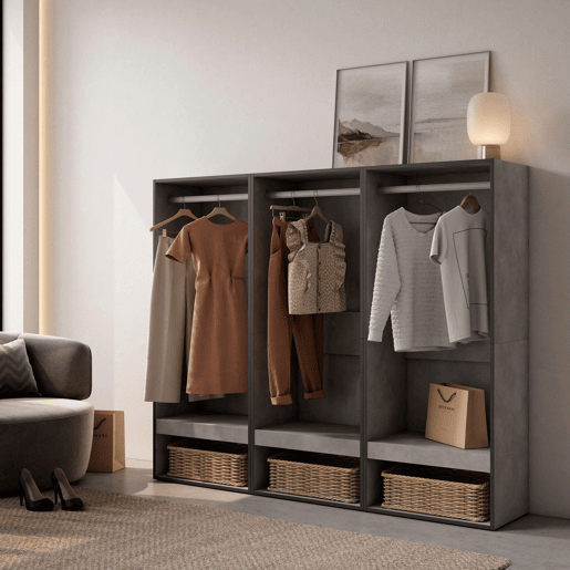 Roupeiro aberto, Guarda-roupa,Armário aberto, 180x35x145cm, Para quarto, dormitório, Barra e Prateleira, Estilo moderno, Cimento