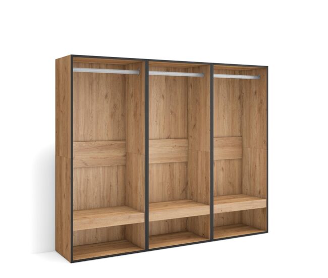 Vestidor abierto, ropa, zapatos, complementos, 180x35x145cm, dormitorio, habitación, armario, perchero, estilo moderno, roble
