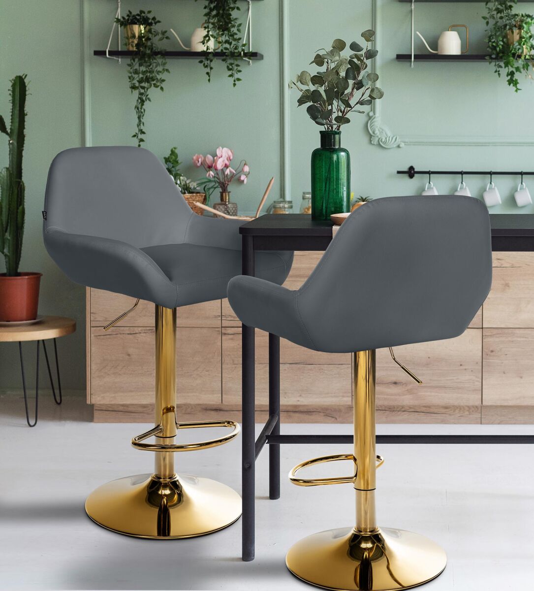 Taburete de bar braga en polipiel con base dorada simil cuero gris 52x51x89 cm