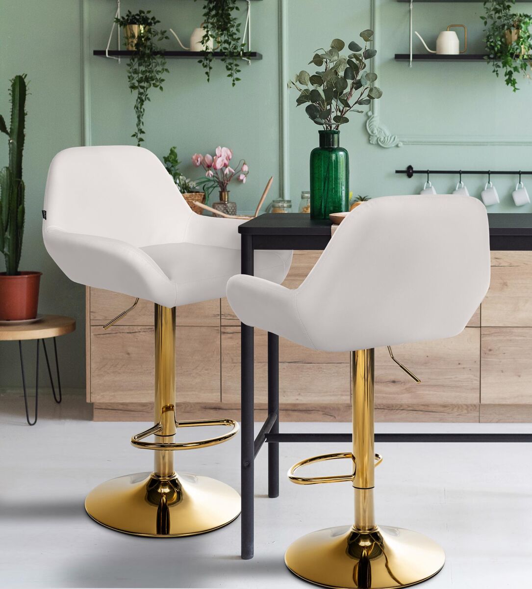 Taburete de bar braga en polipiel con base dorada simil cuero blanco 52x51x89 cm
