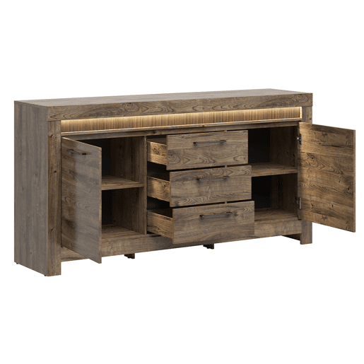 Aparador Amaury Wood 2 portas com 3 gavetas LED incluída