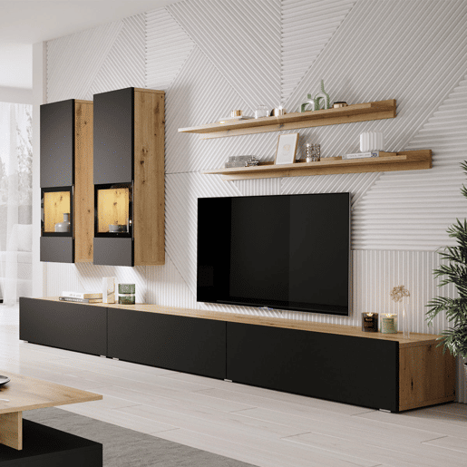 Parede TV 5 peças com LED Sloan Preto e Madeira Parede TV 5 peças com LED Sloan Preto e Madeira