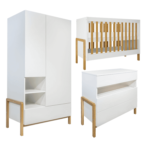 Quarto completo Berço 60x120 Cómoda 3 gavetas Roupeiro 2 portas Kocot Kids Victor Branco Carvalho