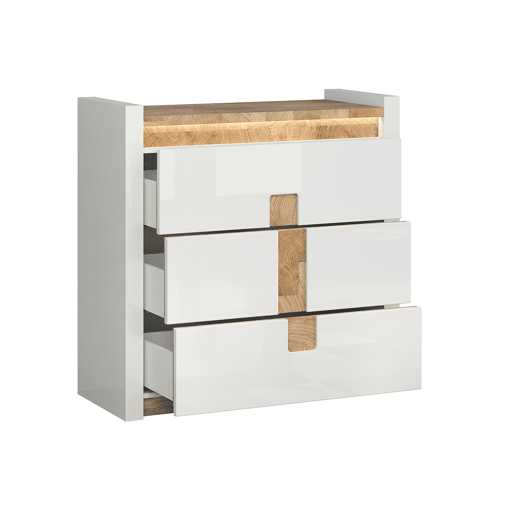 Cómoda 3 gavetas com LED Helios Branco laqué e Madeira