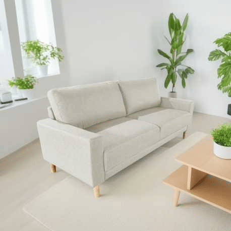 Sofá de design. Estrutura em madeira e compensado, Suspensão de molas e cintas