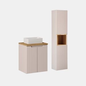 Conjunto móvel simples lavatório 50cm 2 portas e coluna Riva Caxemira e Madeira