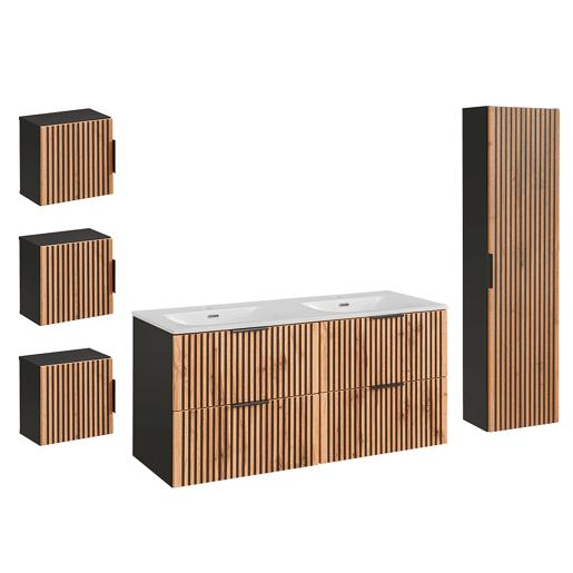 Conjunto móvel lavatório duplo encastrável 120cm coluna e 3 armários murais Gaia Madeira e Preto
